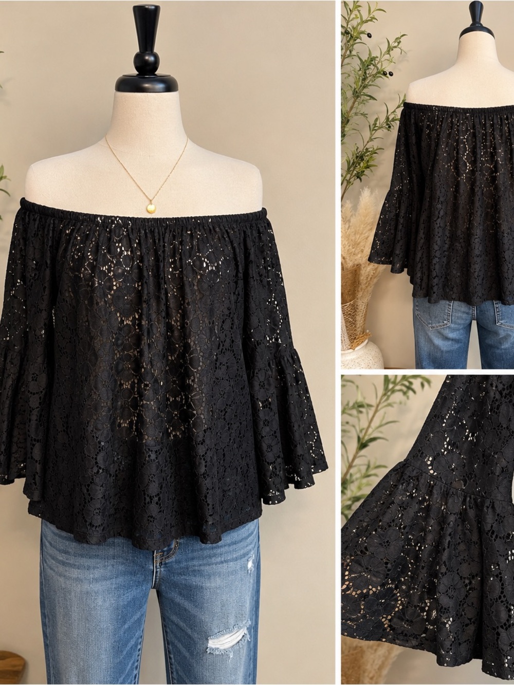 Cezanne Black Lace Off Shoulder Top Women’s Large Bell Sleeve Boho Romantic